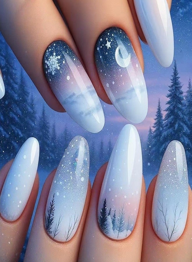 CJDLTS Christmas Press on Nails Medium Almond Shaped White Snowflake Moon Stars Design Xmas False Nail Full Cover Glossy with Glitter Winter Stick on Nail Artificial Acrylic Glue on Nails for Women 24Pcs - Image 1